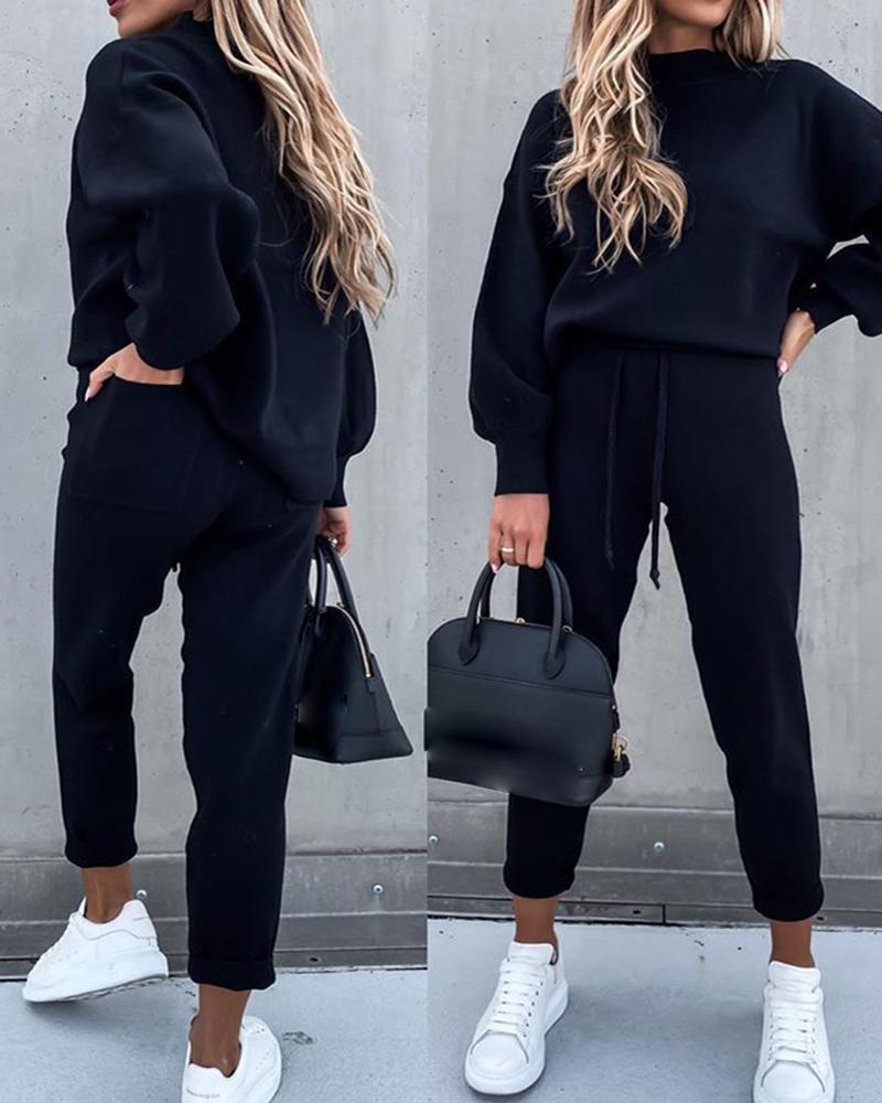 

Plain Lantern Sleeve Top & Drawstring Pockets Design Pants Set, Black