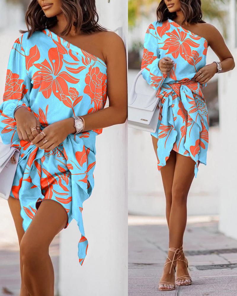 

Plants Print One Shoulder Tied Detail Casual Dress, Sky blue