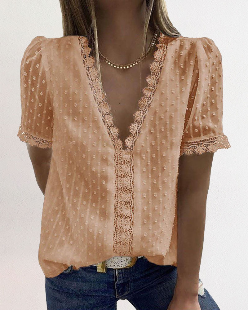 

Contrast Lace Swiss Dot Puff Sleeve Chiffon Top, Apricot