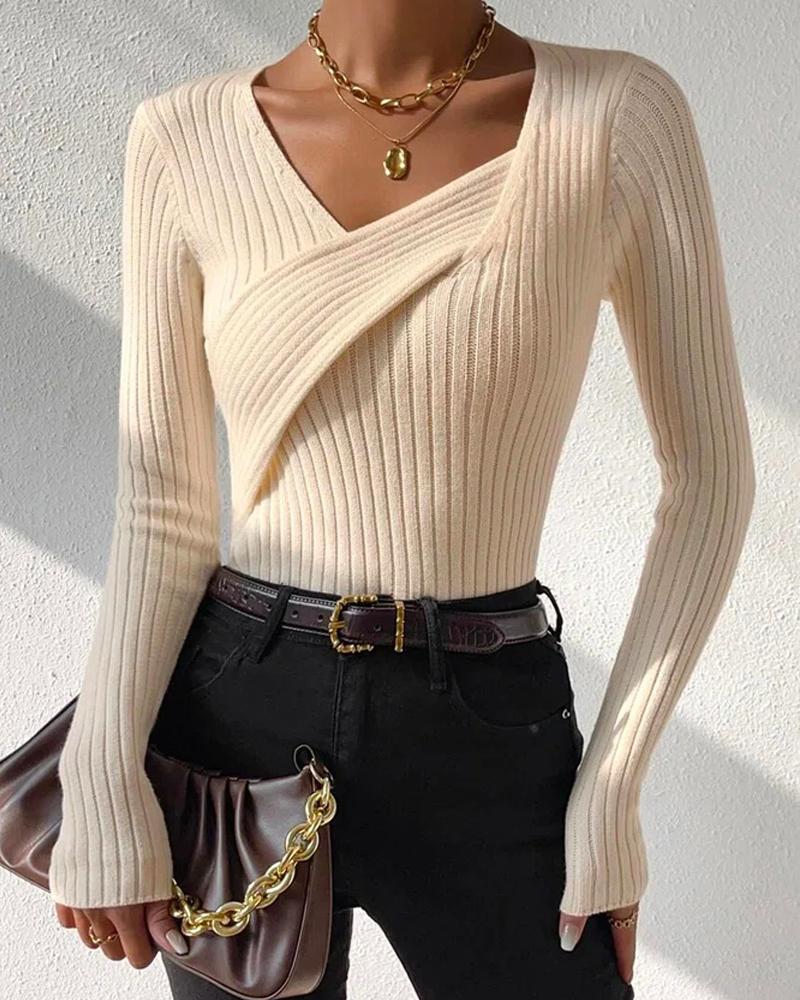 

Asymmetrical Neck Long Sleeve Sweater, Apricot