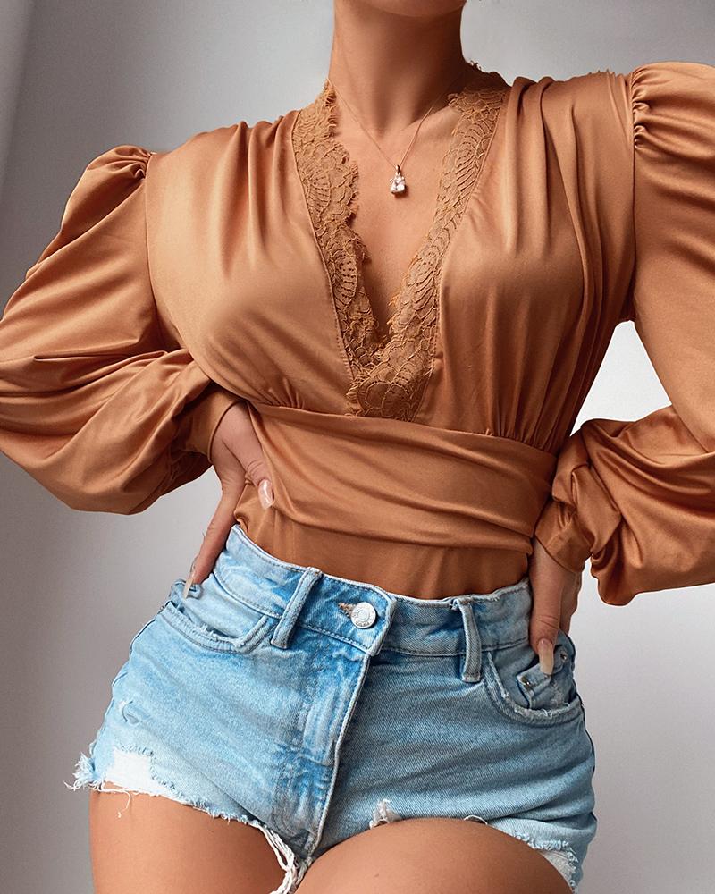 

Lace Trim Puff Lantern Sleeve Top, Orange