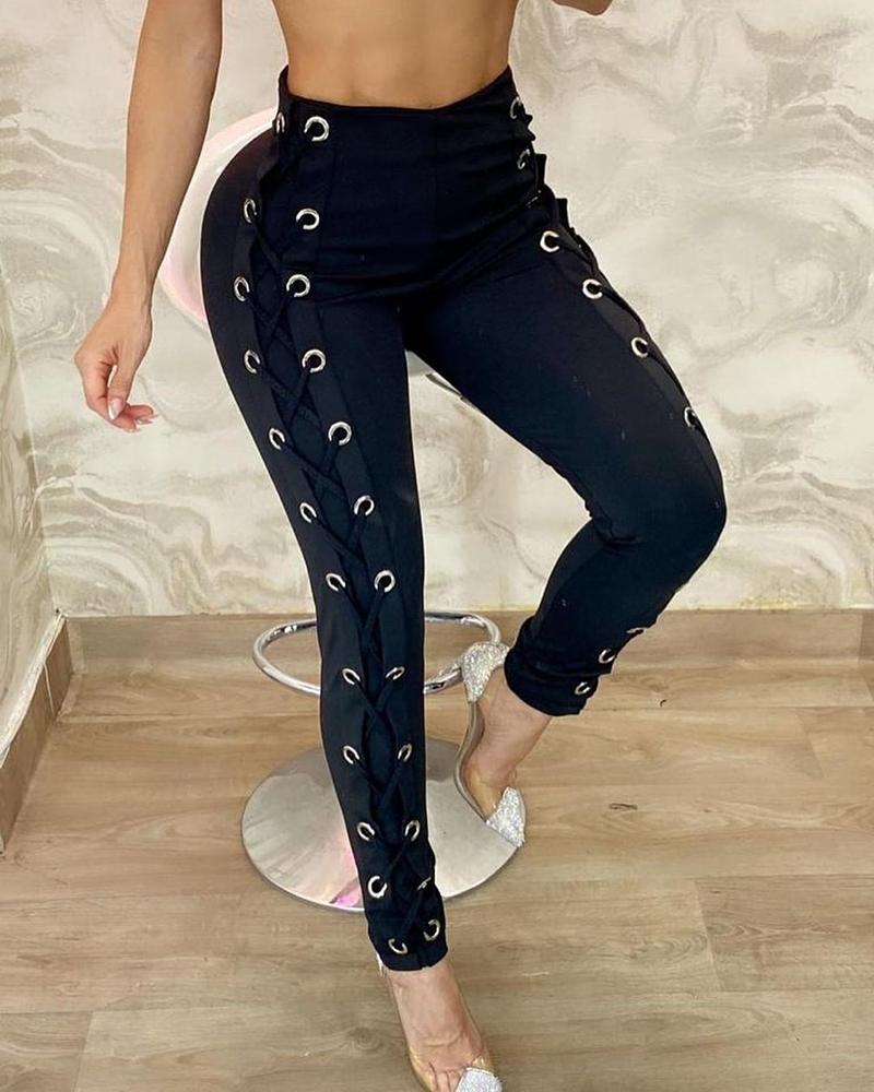 

High Waist Eyelet Lace-Up Pants, Black