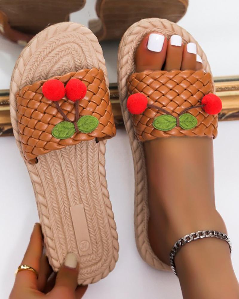 

Cherry Pattern Braided One Strap Slippers, Brown