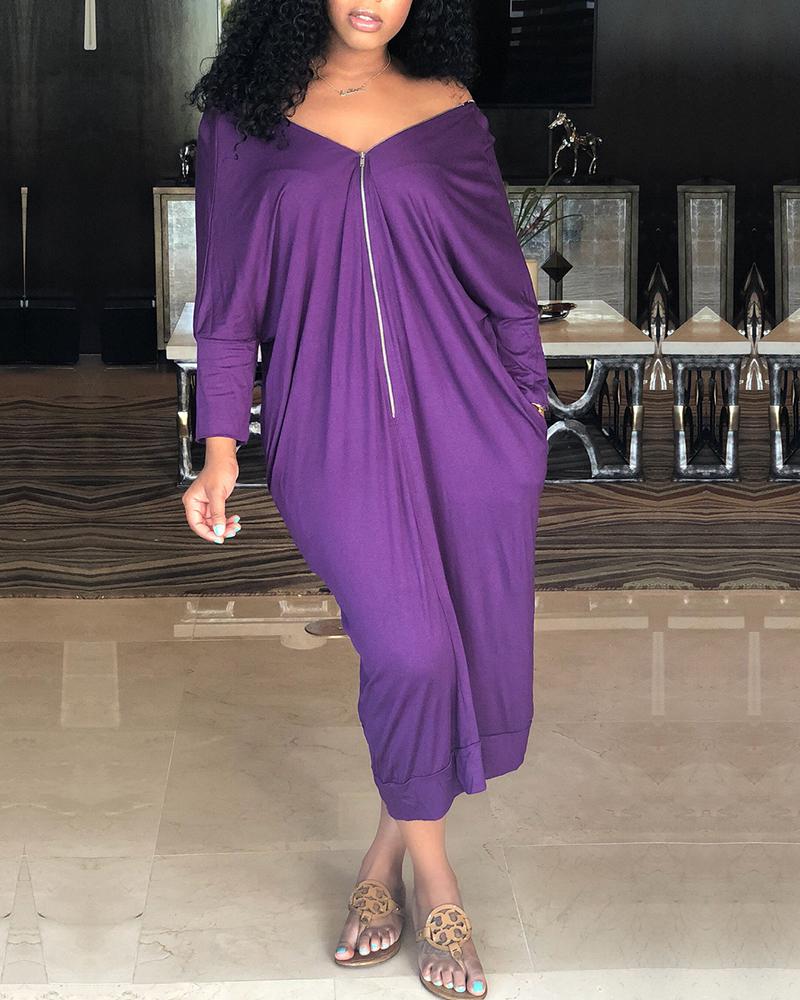

Solid Color Splicing Zipper Long Sleeve Maxi Dress, Purple