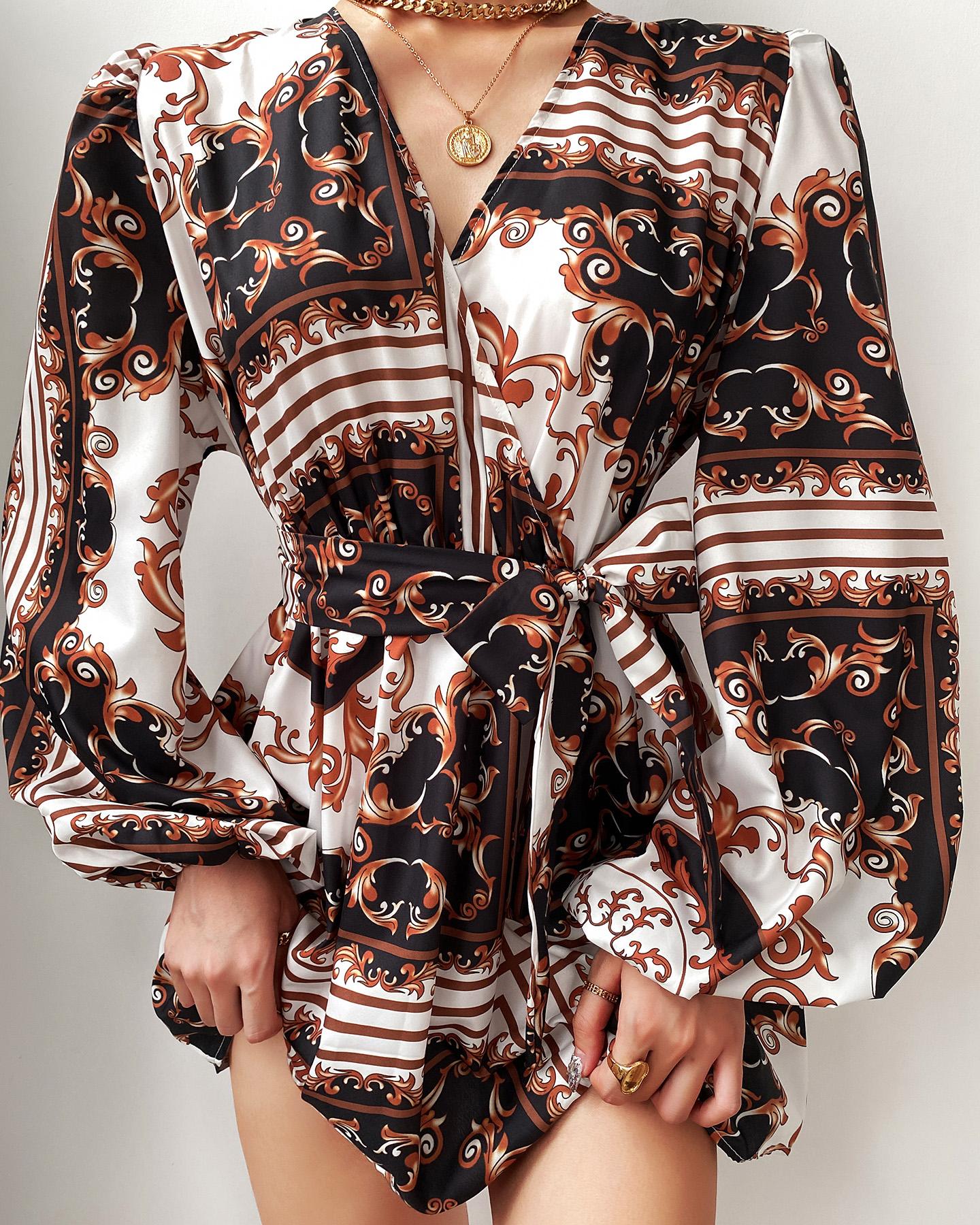 

Lantern Sleeve Tied Detail Scarf Print Dress, Brown