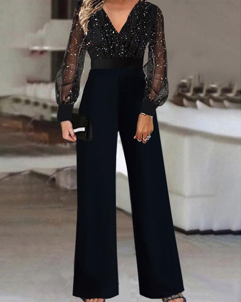 

Contrast Mesh Long Sleeve Jumpsuit, Black