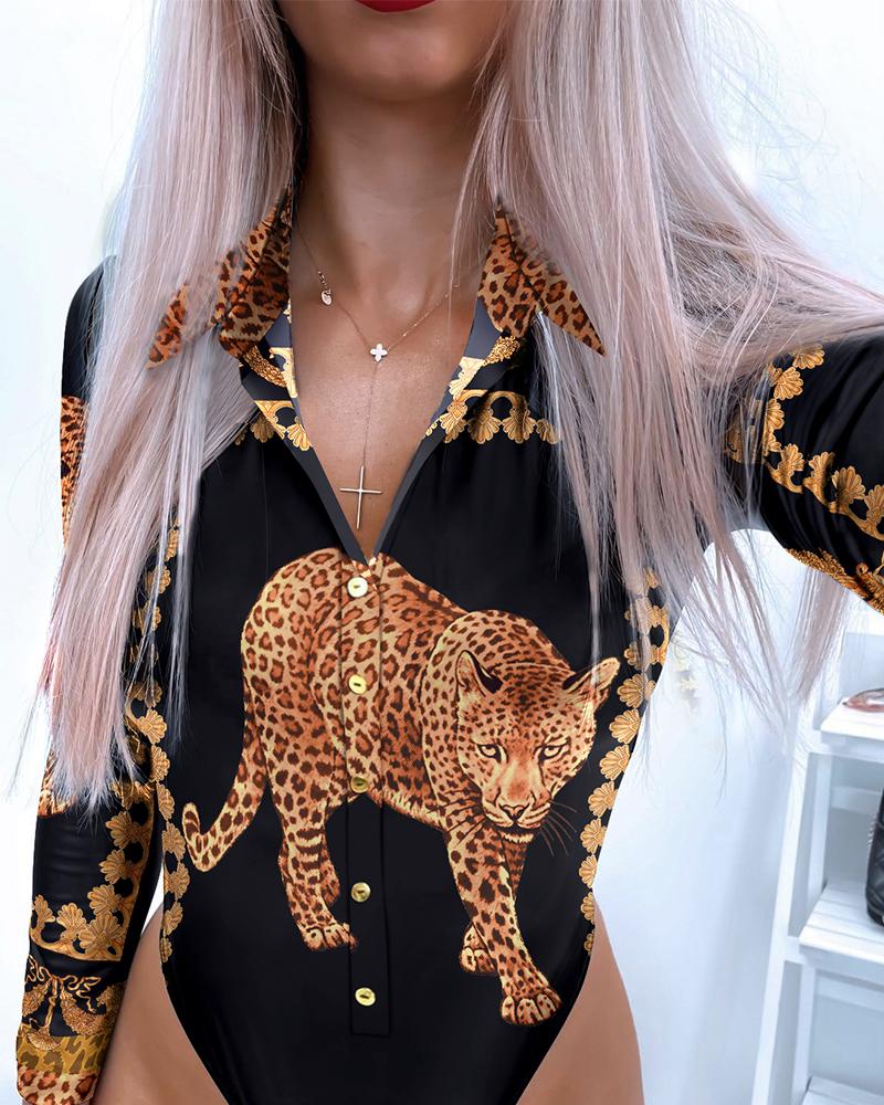 

Cheetah Print Long Sleeve Button Front Bodysuit, Leopard