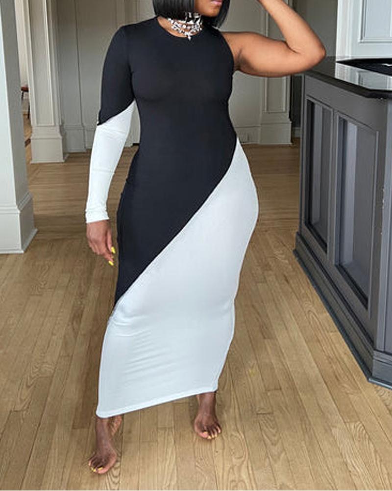 

Colorblock Long Sleeve Bodycon Dress, Blackwhite