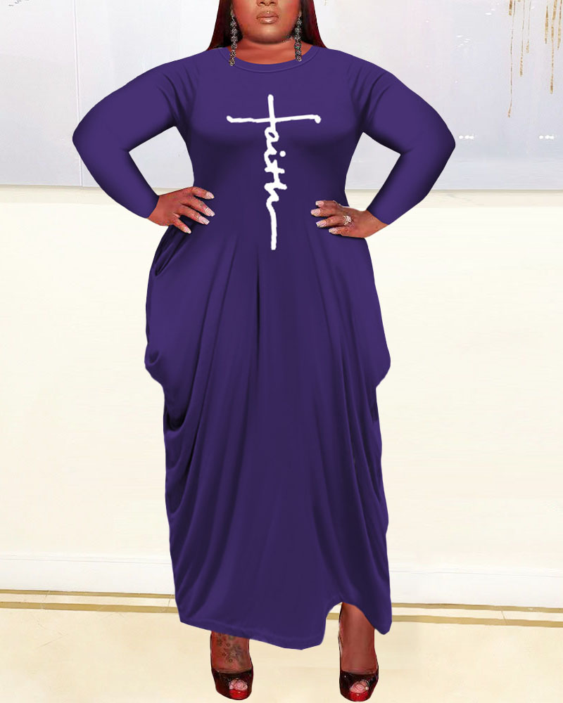

Plus Size Letter Print Long Sleeve Maxi Dress, Purplish blue