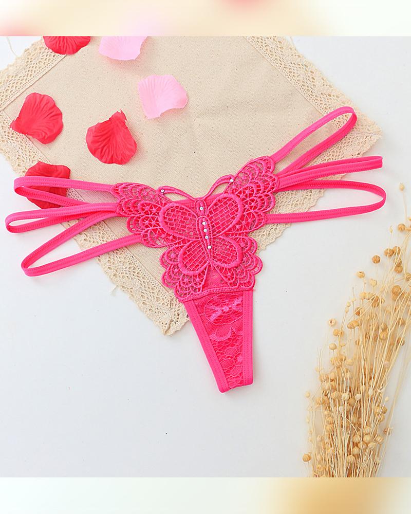 

Solid Lace Patch Skinny Cut-out T-string Panties, Hot pink