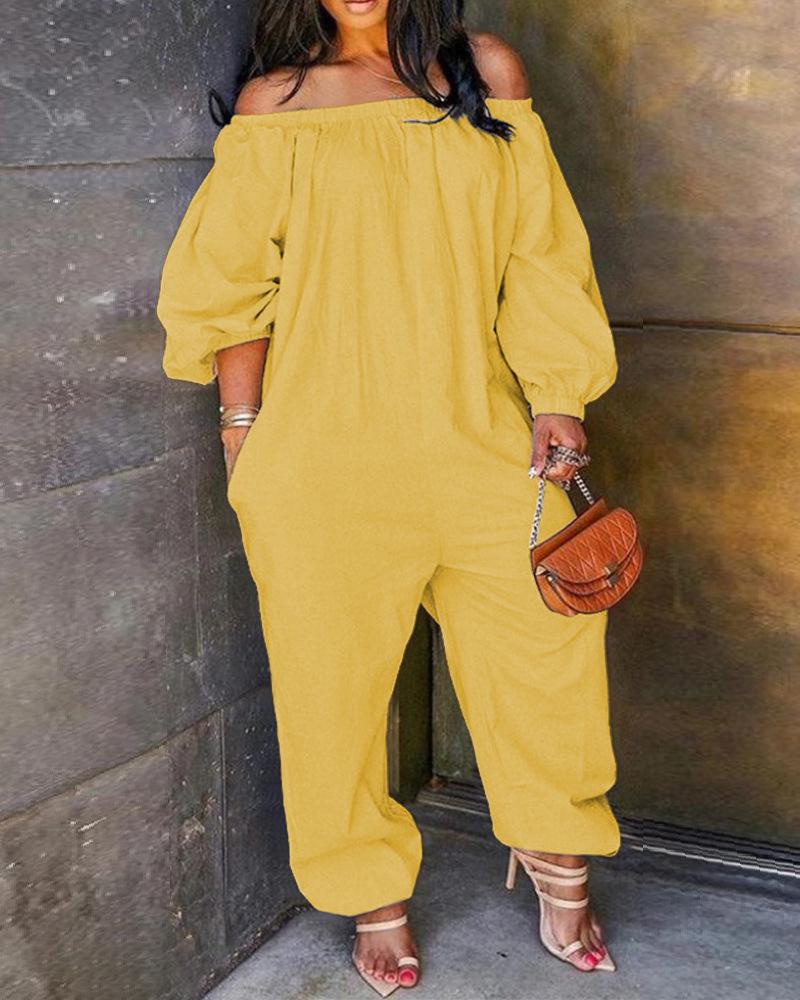 

Off Shoulder Solid Lantern Sleeve Jumpsuit, Yellow