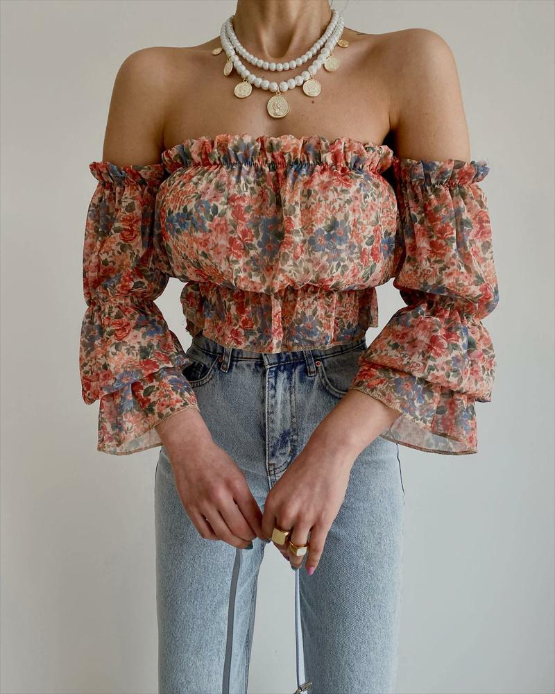 

Floral Print Off Shoulder Bell Sleeve Chiffon Top, Multicolor