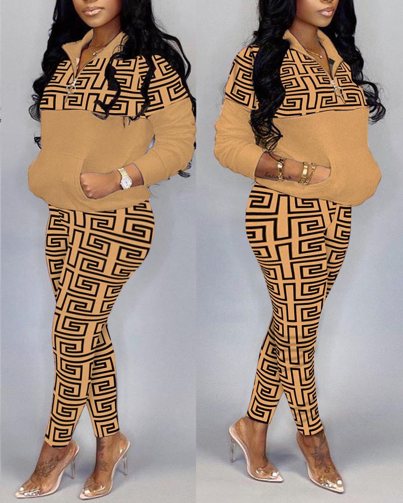 

Geo Print Pocket Zipper Front Top & Pants Set, Brown