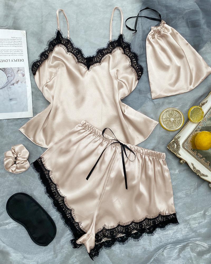 

Contrast Lace Bow Decor Cami Set, Champagne