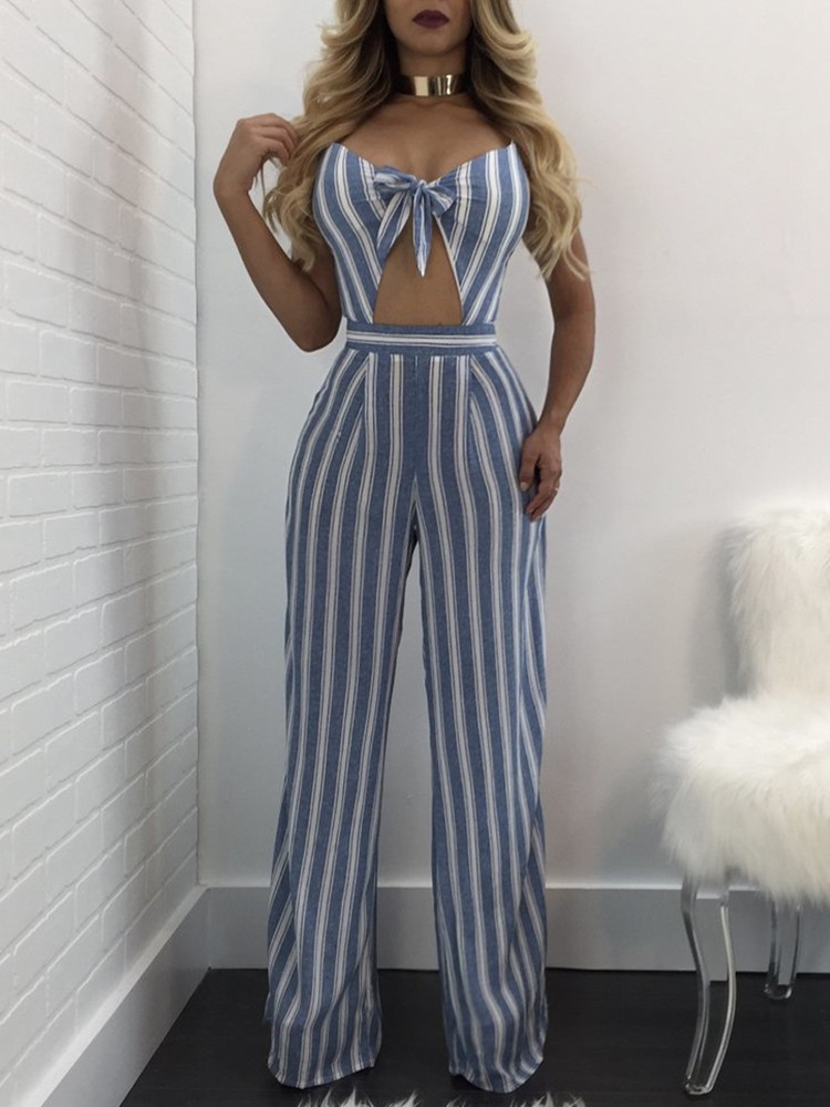 Hot Striped Spaghetti Strap Knotted Front Flared Jumpsuit Online. Discover hottest trend fashion
