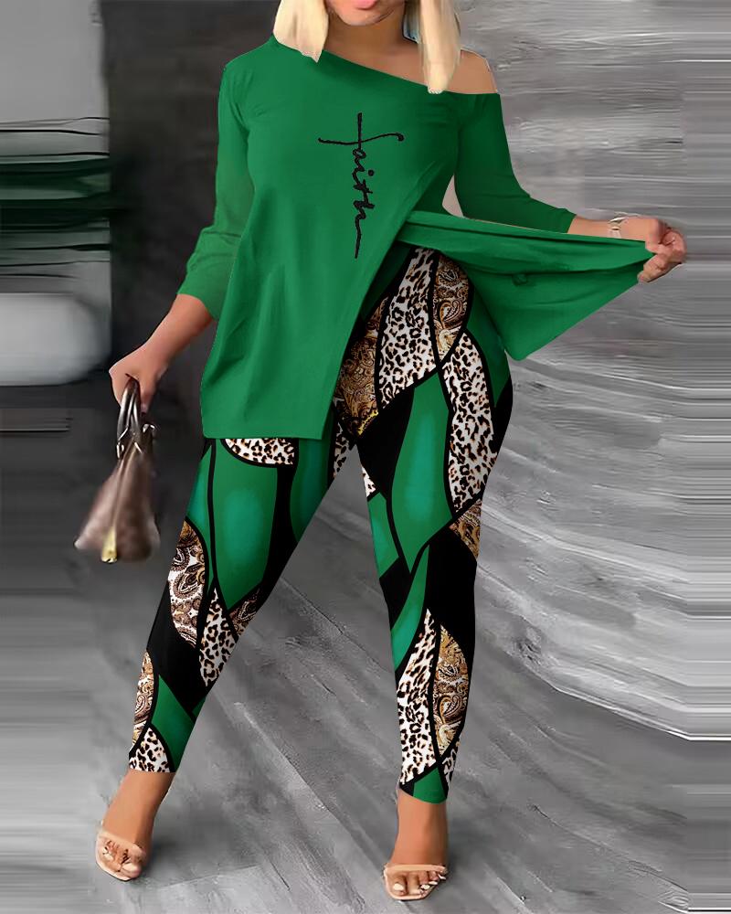 

Plus Size Faith Baroque Leopard Print Skew Neck Top & Pants Set, Green