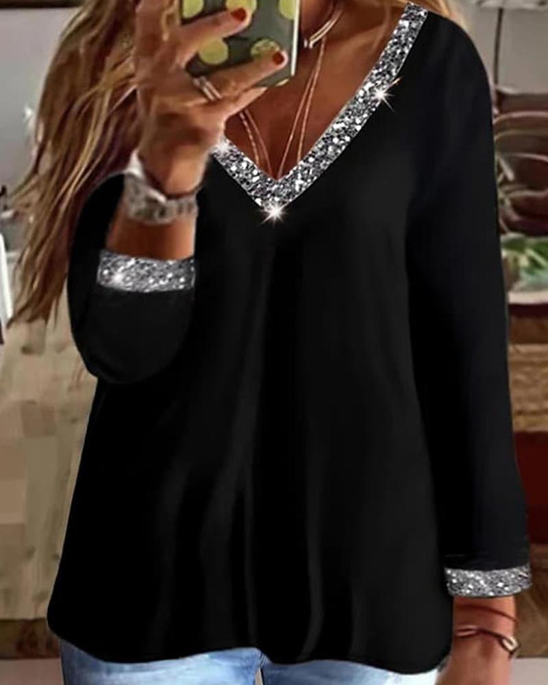 

Plus Size Contrast Sequin Long Sleeve Top, Black