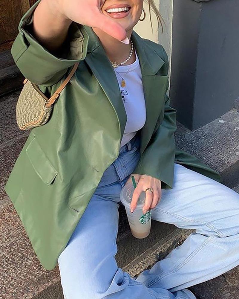 

PU Leather Long Sleeve Buttoned Blazer Coat, Green
