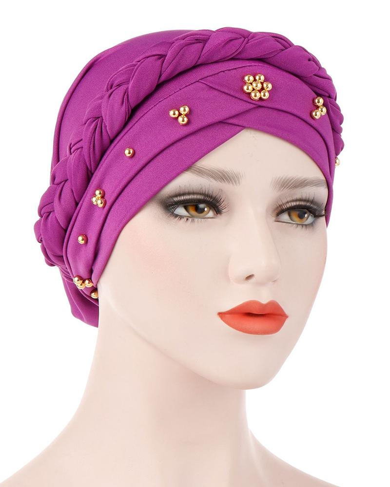 

Studded Headwrap Braided Turban Cap Beaded Beanie Hat, Purple