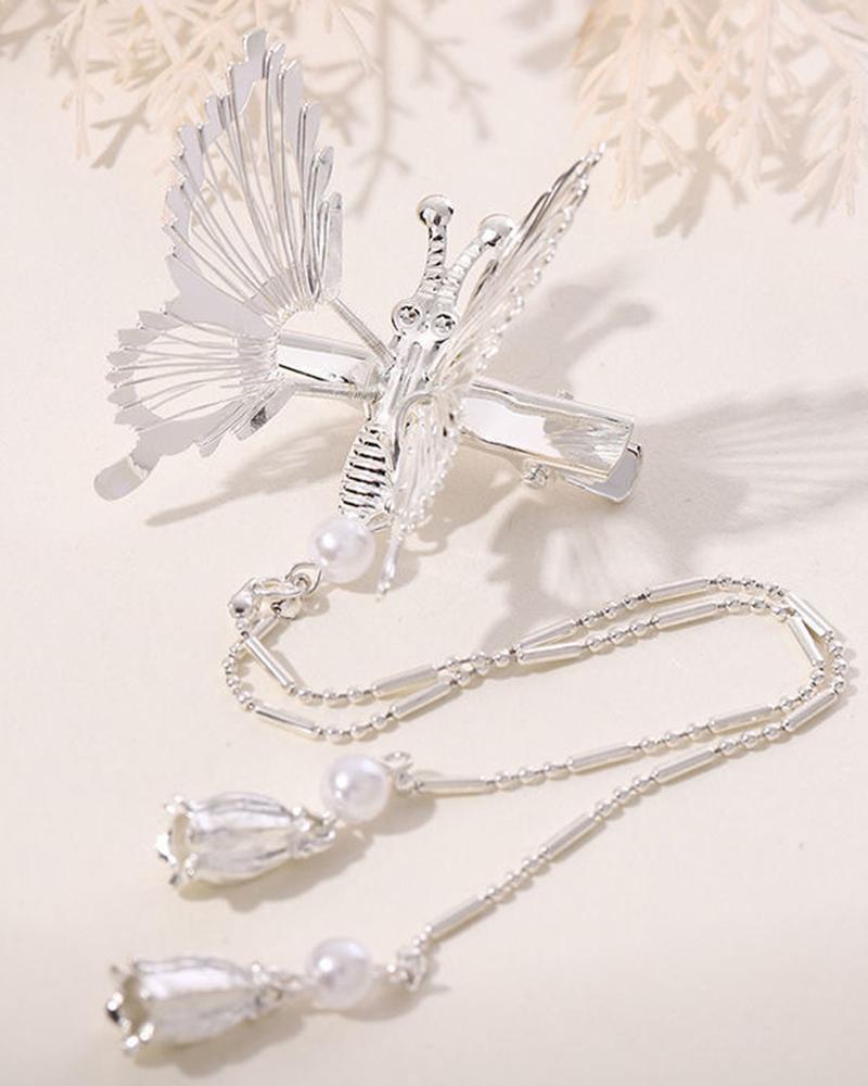 

1pc Hollow Out Flying Butterfly Tassel Hair Clip, Silver