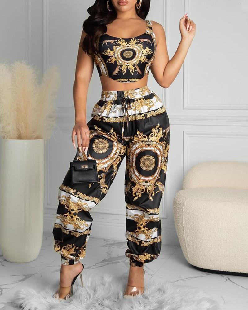 

Scarf Print Crop Top & High Waist Pants Set, Black