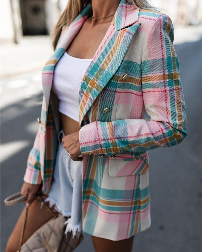 

Plaid Double Breasted Flap Detail Long Sleeve Blazer Coat, Multicolor