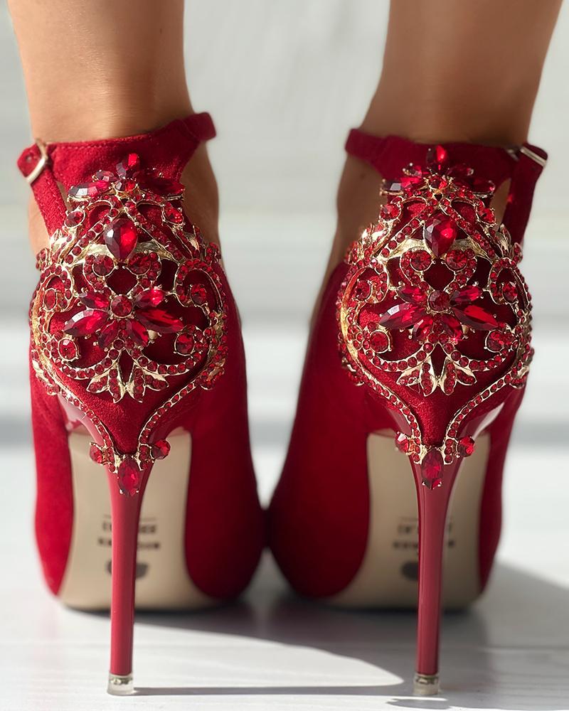 

Crystal Rhinestone Ankle Strap Stiletto Heel Pumps, Red