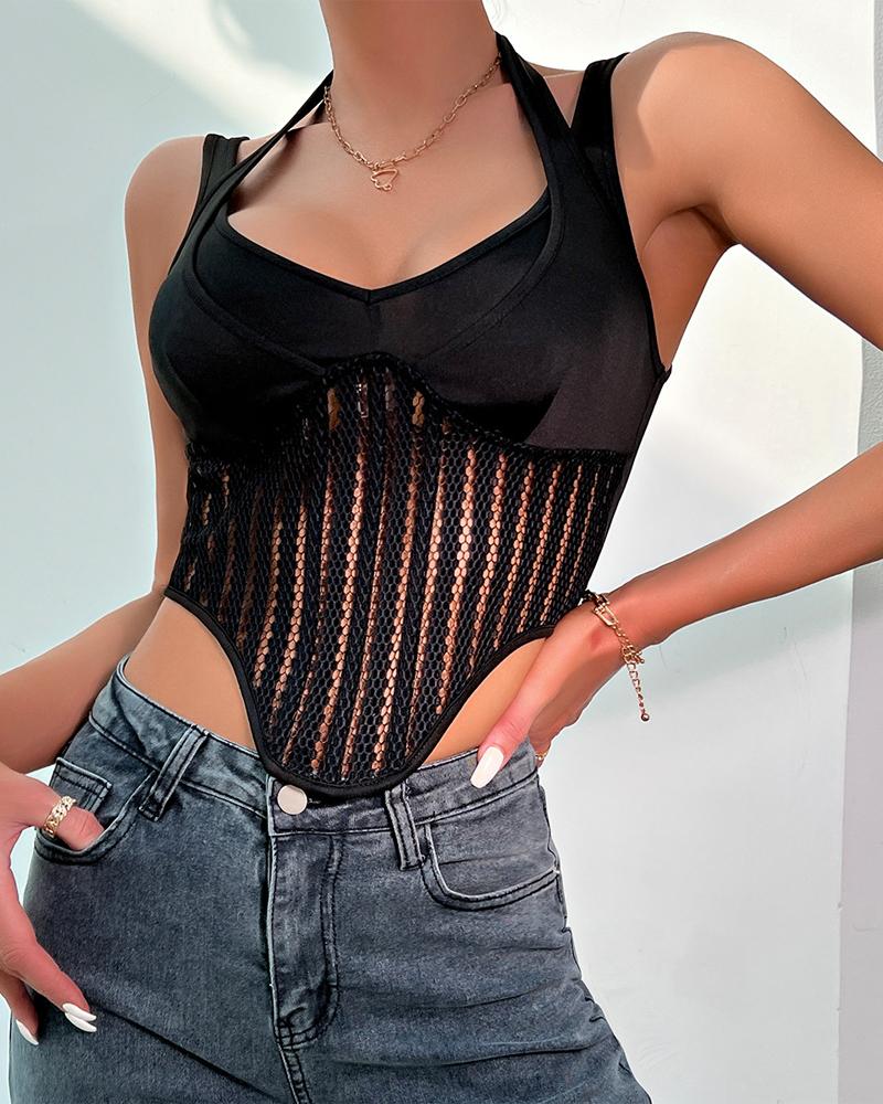 

Fishnet Design Hanky Hem Fake Two Piece Corset Top, Black