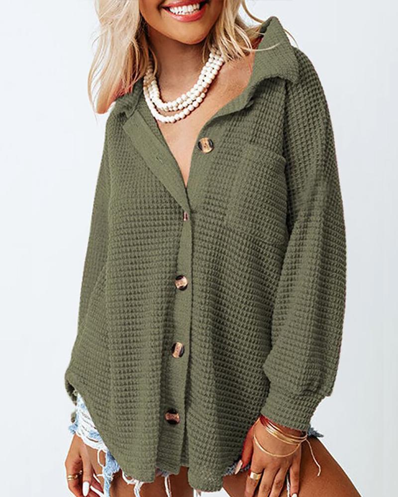 

Buttoned Long Sleeve Waffle Knit Top, Green