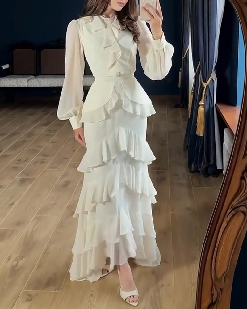 

French Style Rhinestone Decor Ruffles Round Neck Lantern Sleeve Asymmetrical Hem Dress Zipper Back Layered Ruffle Hem Chiffon Evening Dress with Belt, Beige