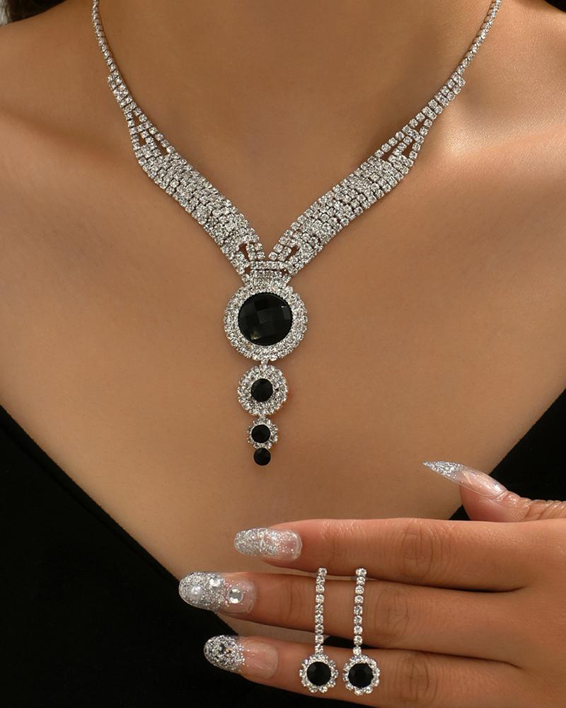 

22PCS Rhinestone Geometric Pendant Necklace & Drop Earrings Evening Party Wedding Jewelry Set, Black