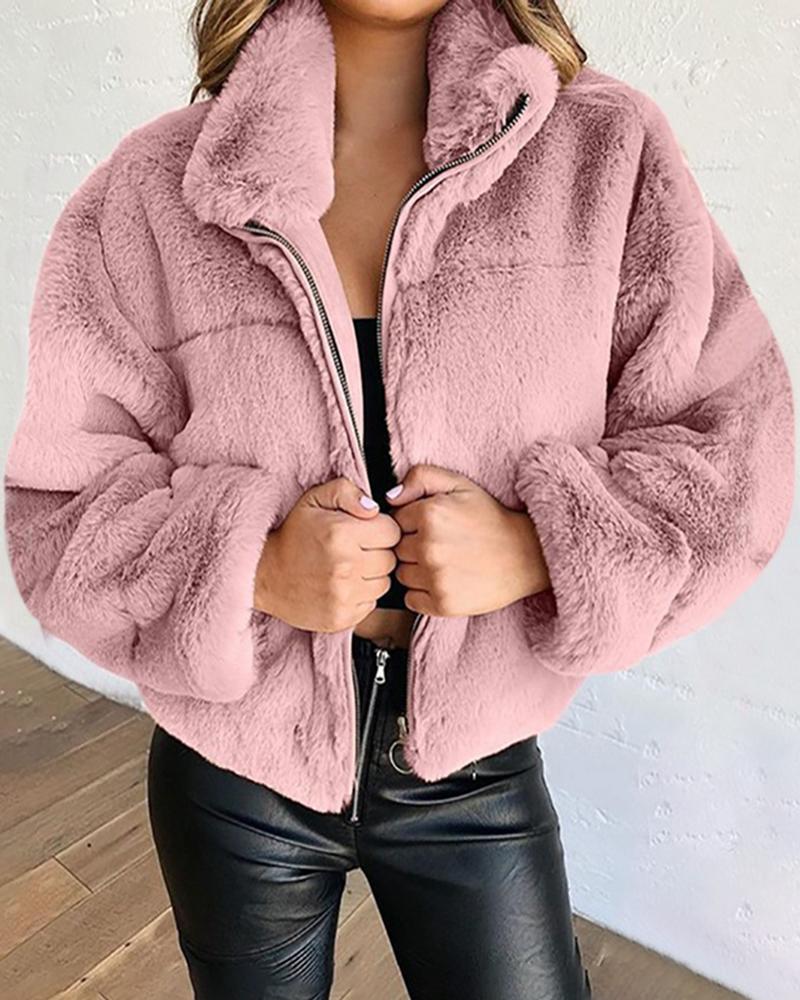 

Long Sleeve Zipper Design Teddy Coat, Pink