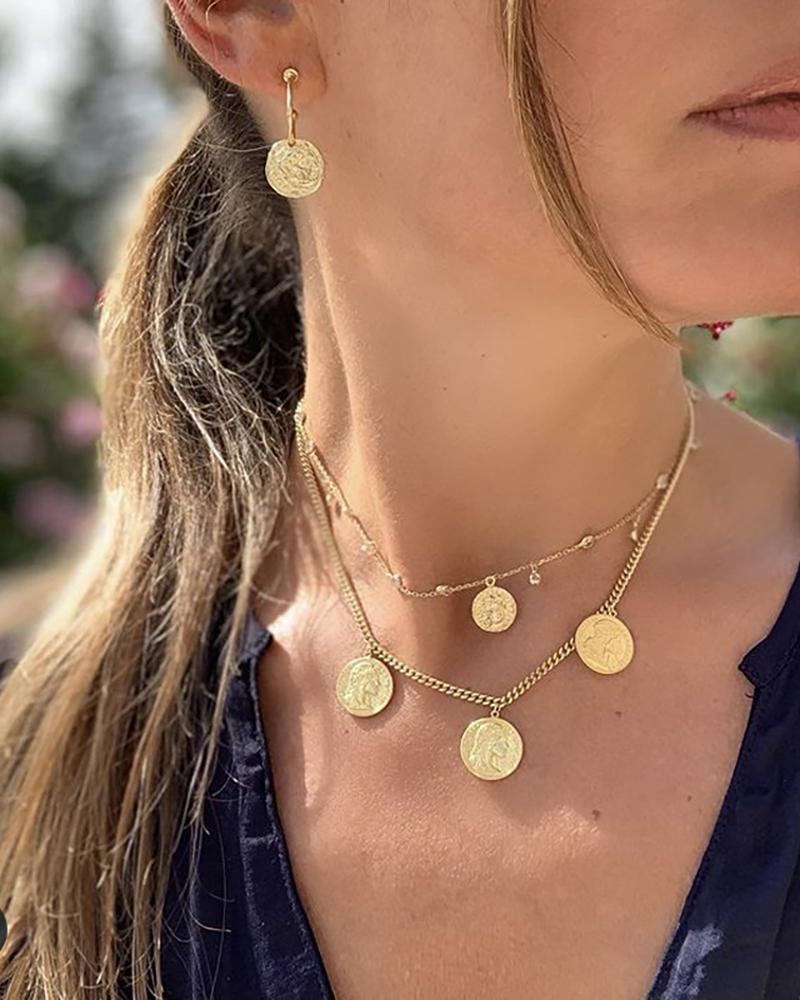 

Coin Pendant Double Layered Chain Necklace, Gold