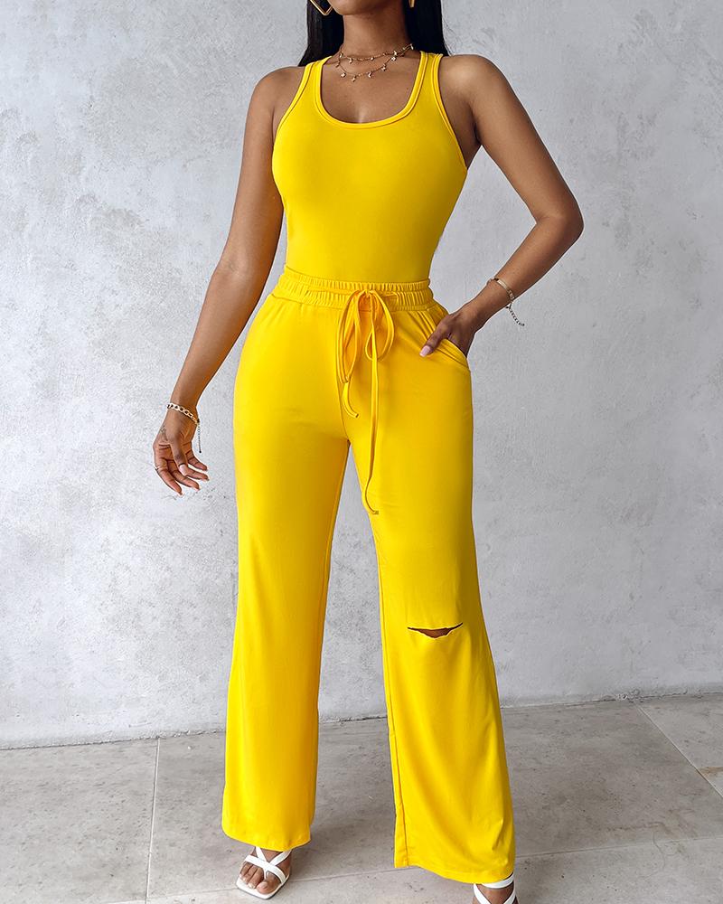 

U-Neck Bodysuit & Drawstring Cutout Wide Leg Pants Set, Yellow
