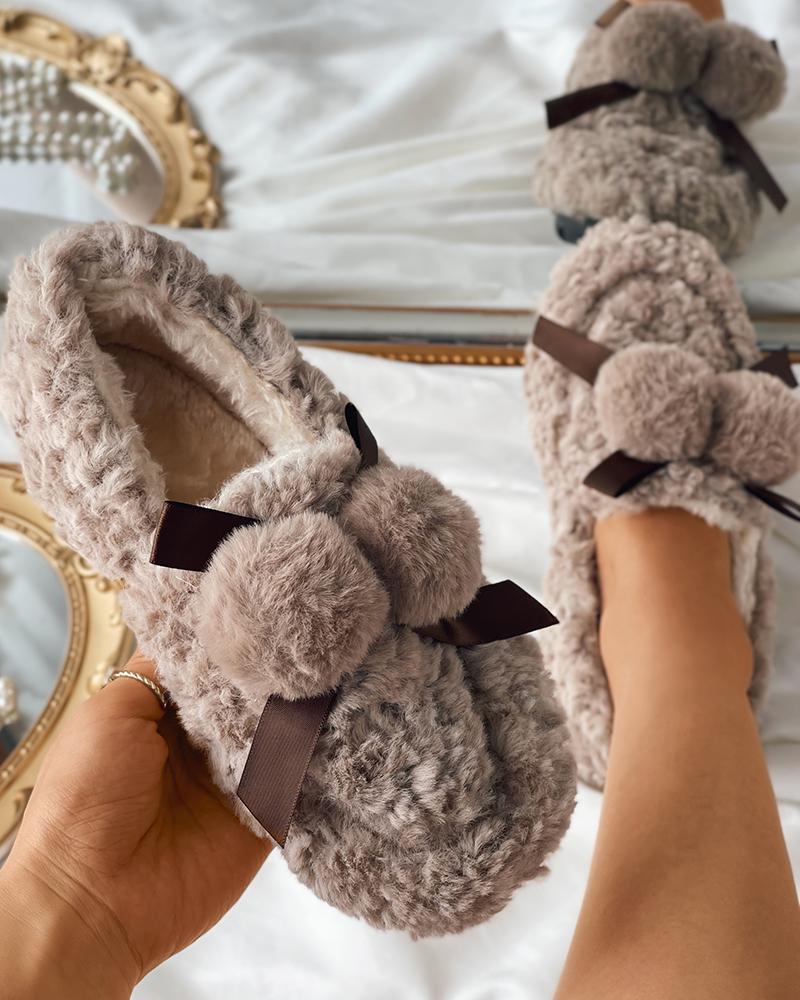 

Pom Pom Decor Fluffy Slip On Shoes, Coffee
