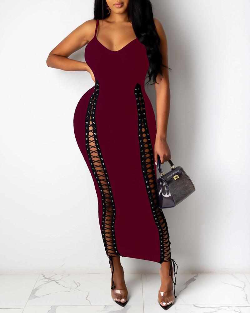 

Spaghetti Strap Eyelet Lace-up Maxi Dress, Wine red