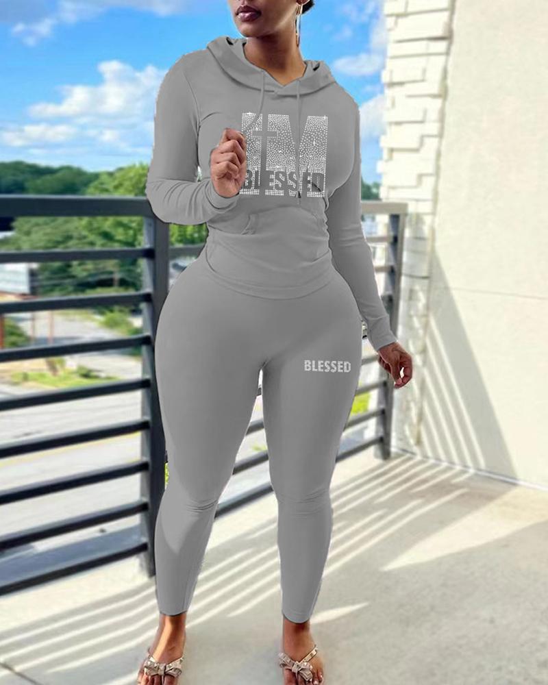 

Rhinestone Letter Pattern Long Sleeve Top & Pants Set, Gray