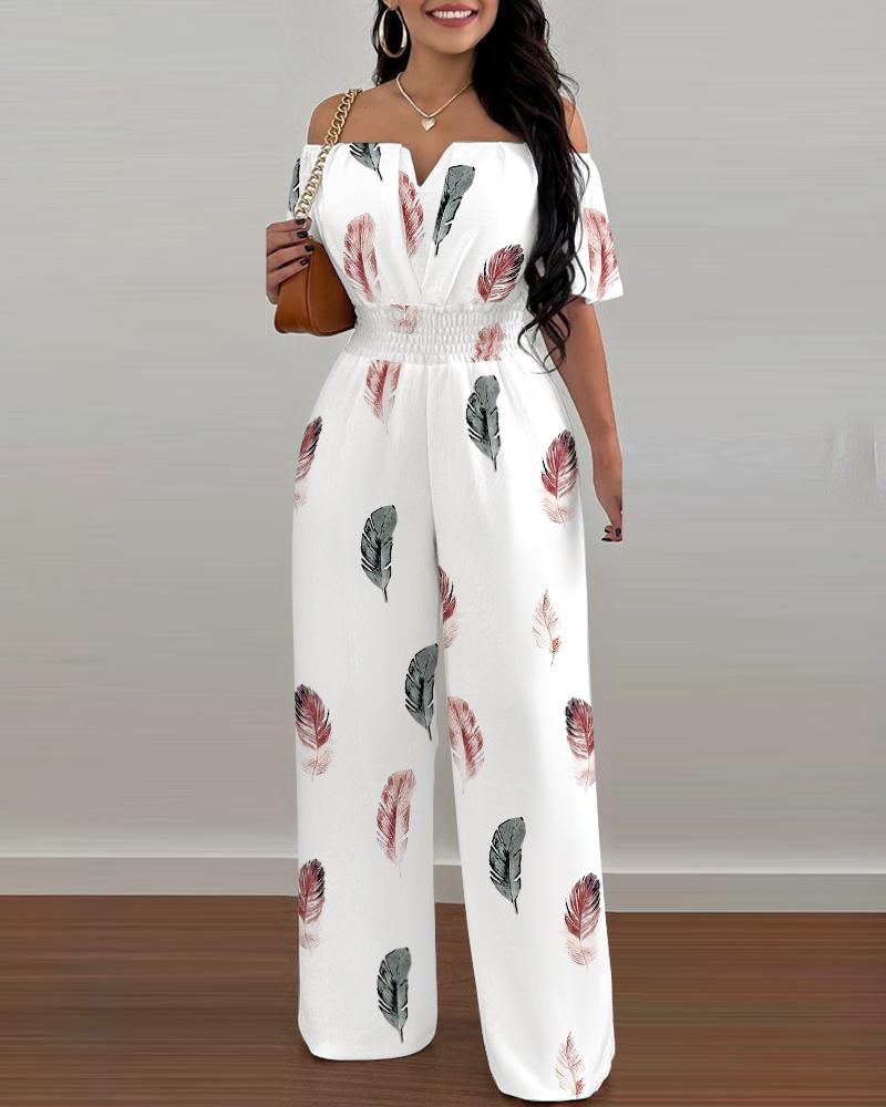

Feather Print Off Shoulder Shirred Waist Jumpsuit, White