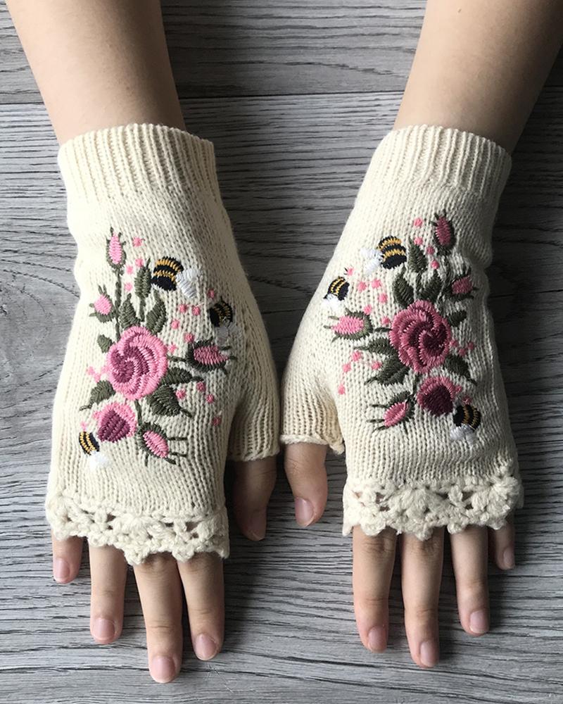 

1Pair Floral Embroidery Hollow Out Fingerless Knit Gloves, White