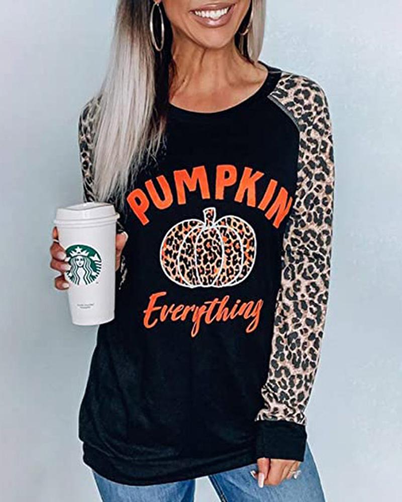 

Halloween Pumpkin Letter Leopard Print Long Sleeve Top, Black