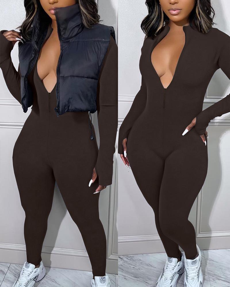 

Long Sleeve Zipper Front Jumpsuit, Coffee