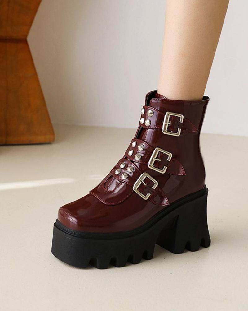 

Square Toe Lacquered Double Strap Platform Martin Boots, Wine red