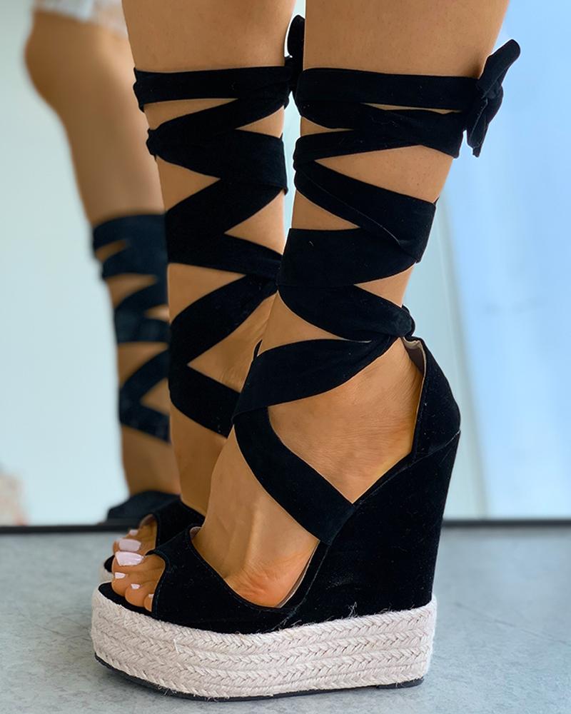 

Strappy Woven Flax Suede Wedge Sandals, Black