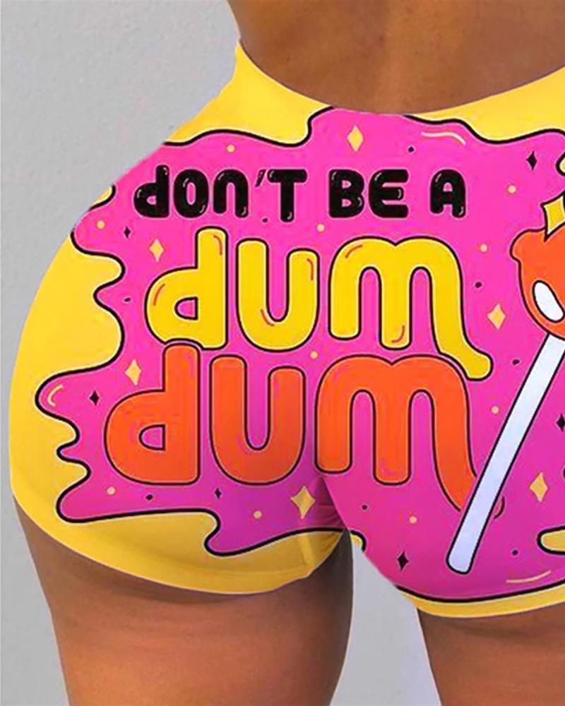 

Letter / Graphic / Cartoon Print High Waist Tummy Control Sporty Shorts, Hot pink