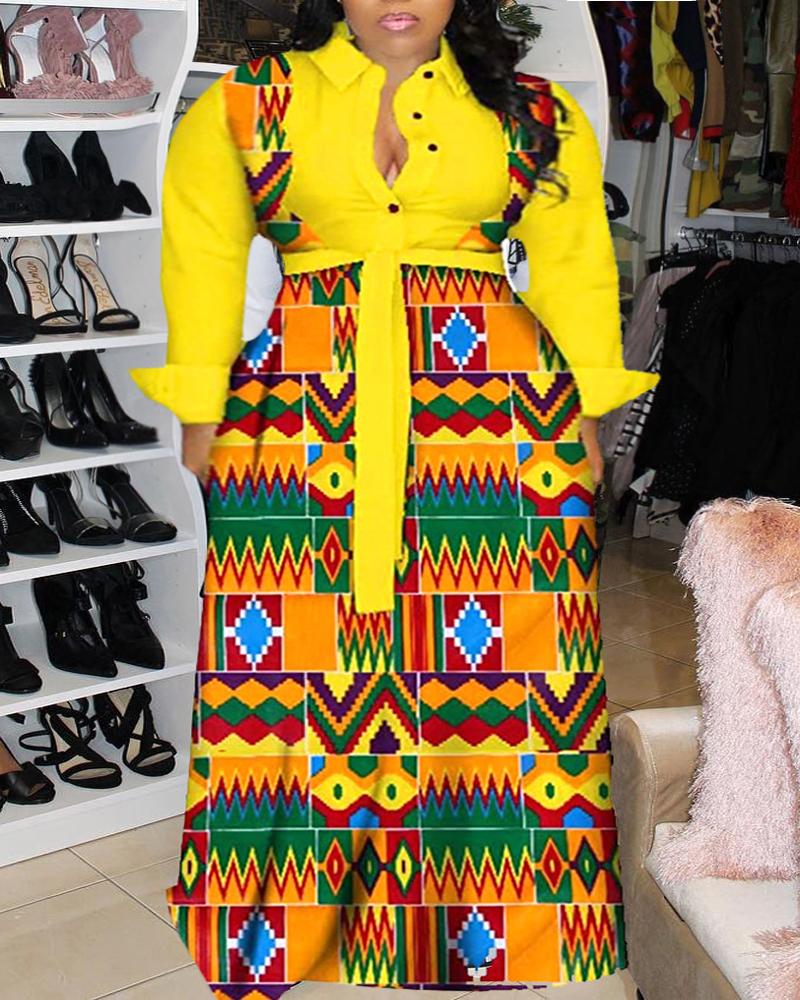 

Plus Size Geometric Print Long Sleeve Shirt Dress, Yellow