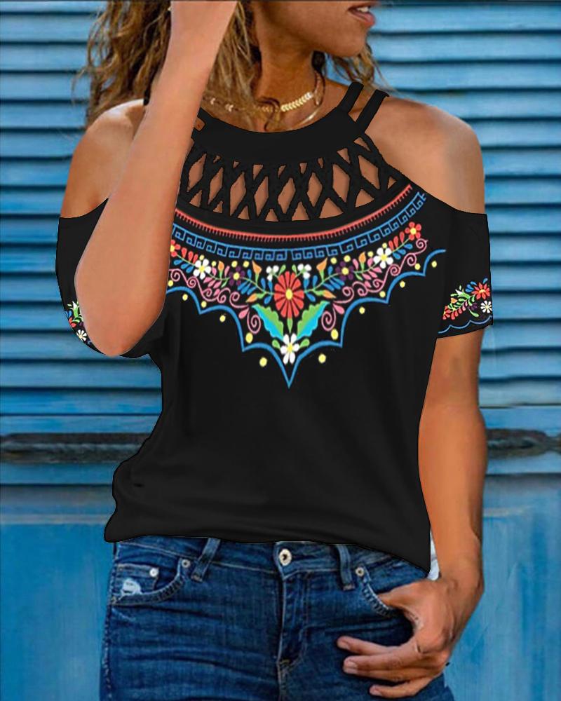 

Tribal Print Hollow Out Cold Shoulder Top, Black