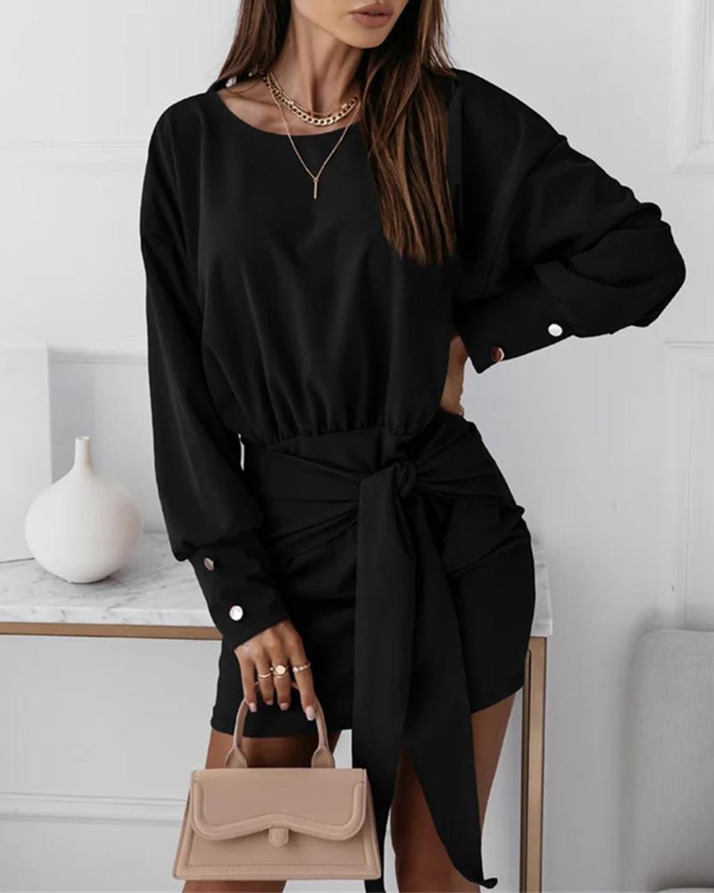 

Lantern Sleeve Knot Front Buttoned Bodycon Dress, Black