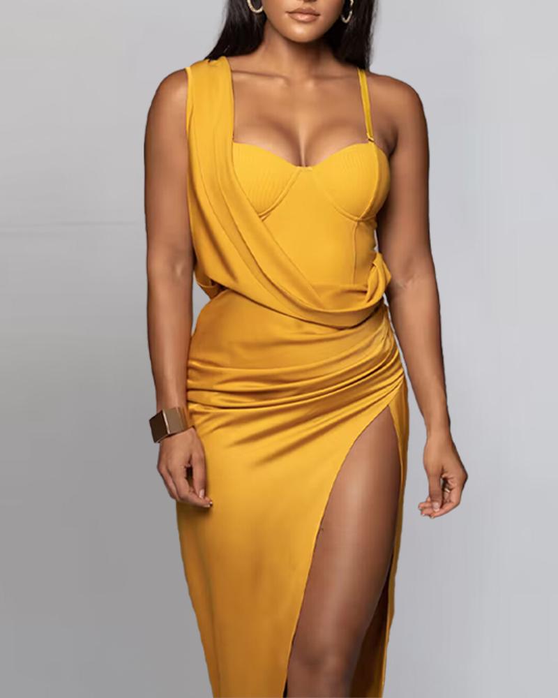 

Asymmetrical High Slit Sleeveless Party Dress, Yellow