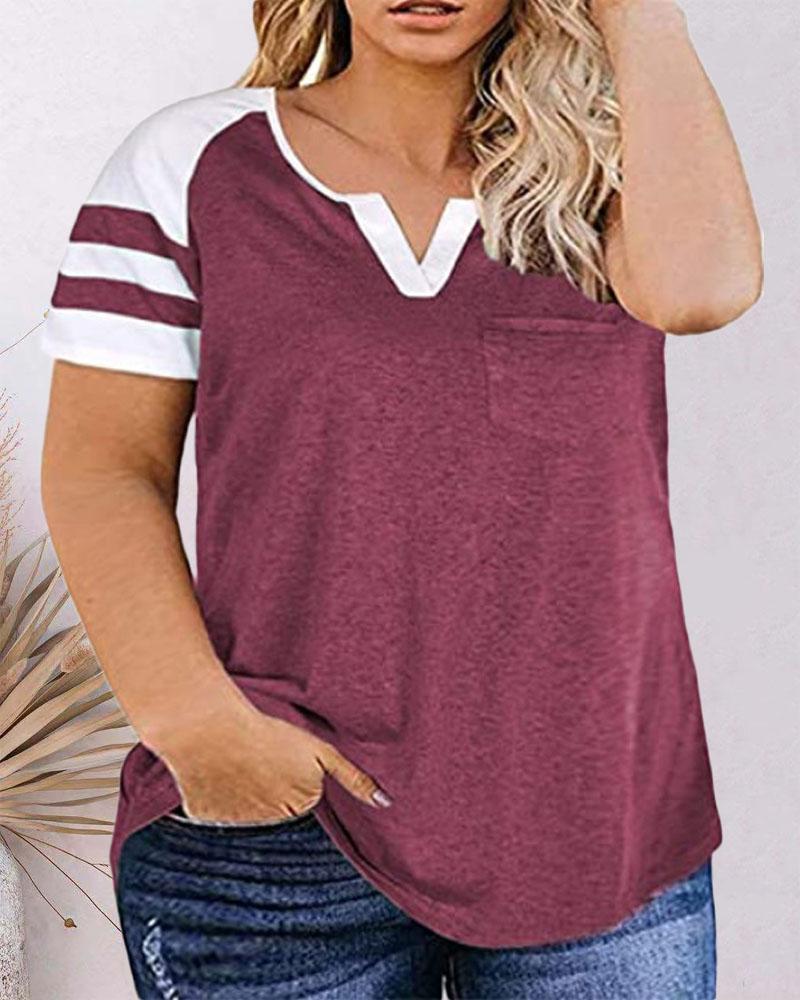 

Plus Size Contrast Paneled Pocket Design Casual T-shirt, Wine red