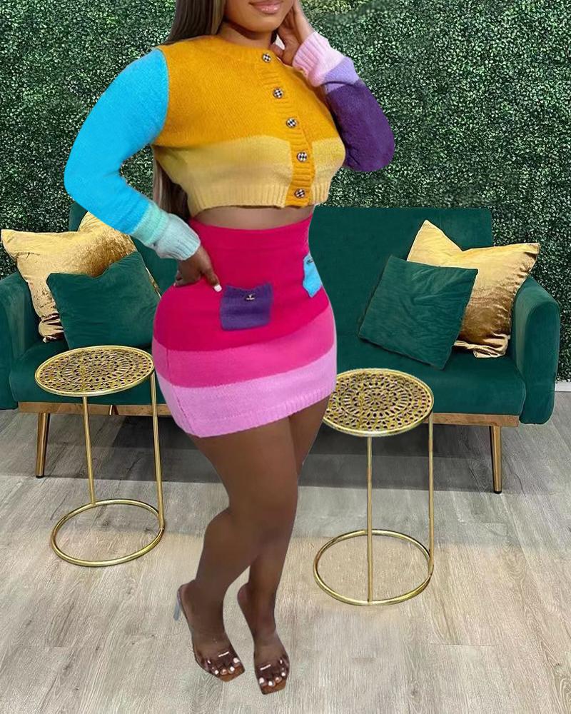

Colorblock Long Sleeve Crop Top & Skirt Set, Yellow